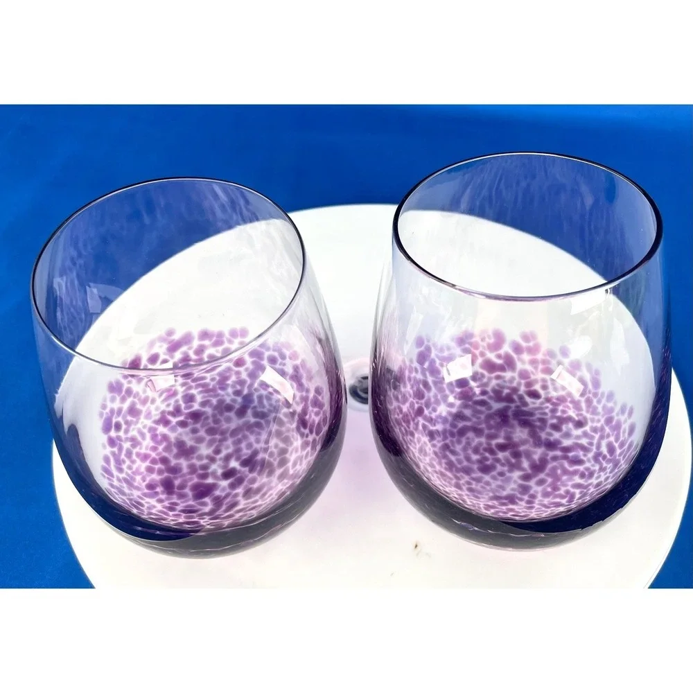 Art Glass Stemless Wine Glasses Set 8 Multicolor‎ Hand Blown Style 13 Oz